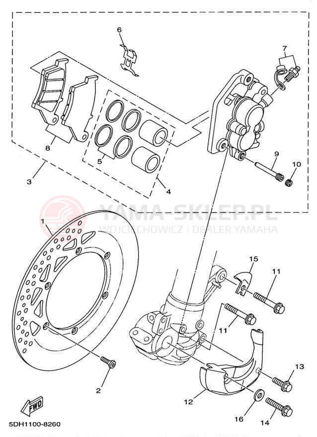 Schemat "Zacisk hamulcowy + tarcza przód" do Yamaha YZ250 YZ250K1