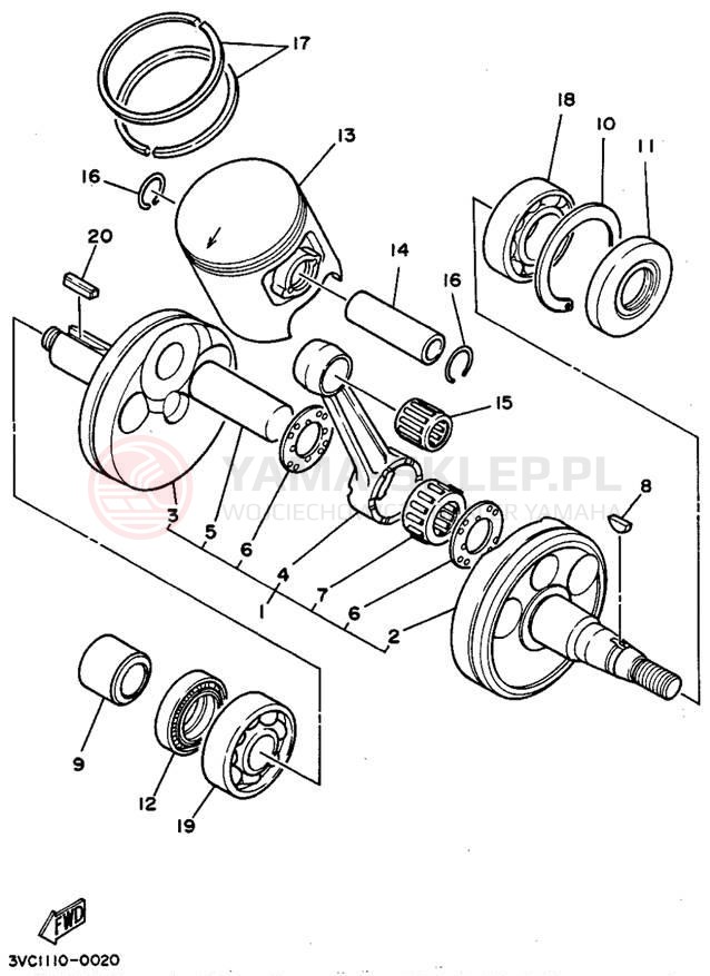 Schemat "Wał korbowy, tłok" do Yamaha RT180B