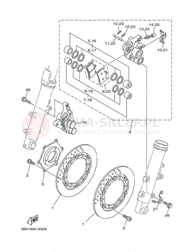 Schemat "Zacisk hamulcowy + tarcza przód" do Yamaha T MAX XP500YY