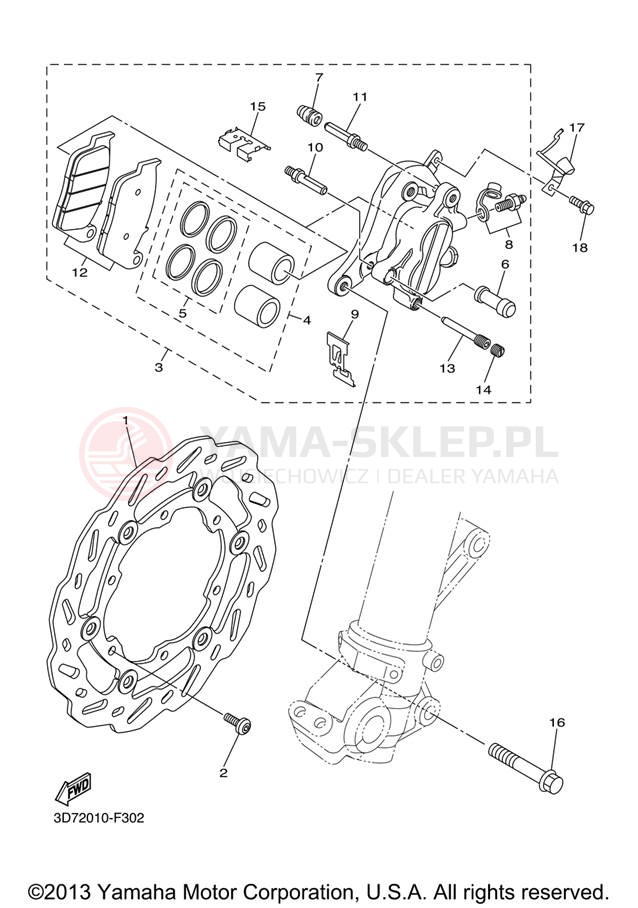 Schemat "Zacisk hamulcowy + tarcza przód" do Yamaha WR250X WR25XXL/WR25XXCL