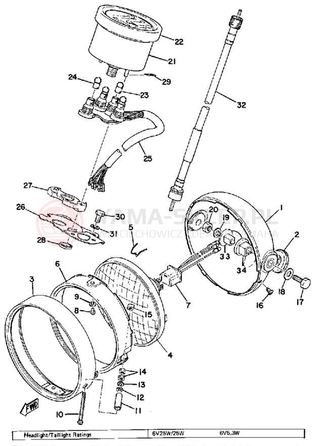 Schemat "Lampa przód i licznik" do Yamaha RS100B