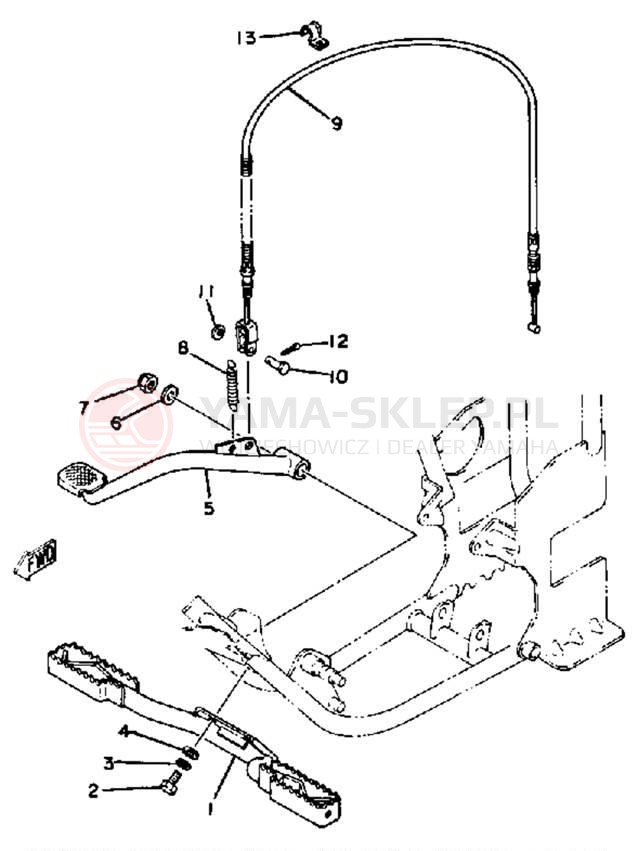Schemat "Podnóżki, dźwignia hamulca tylnego" do Yamaha YT125J