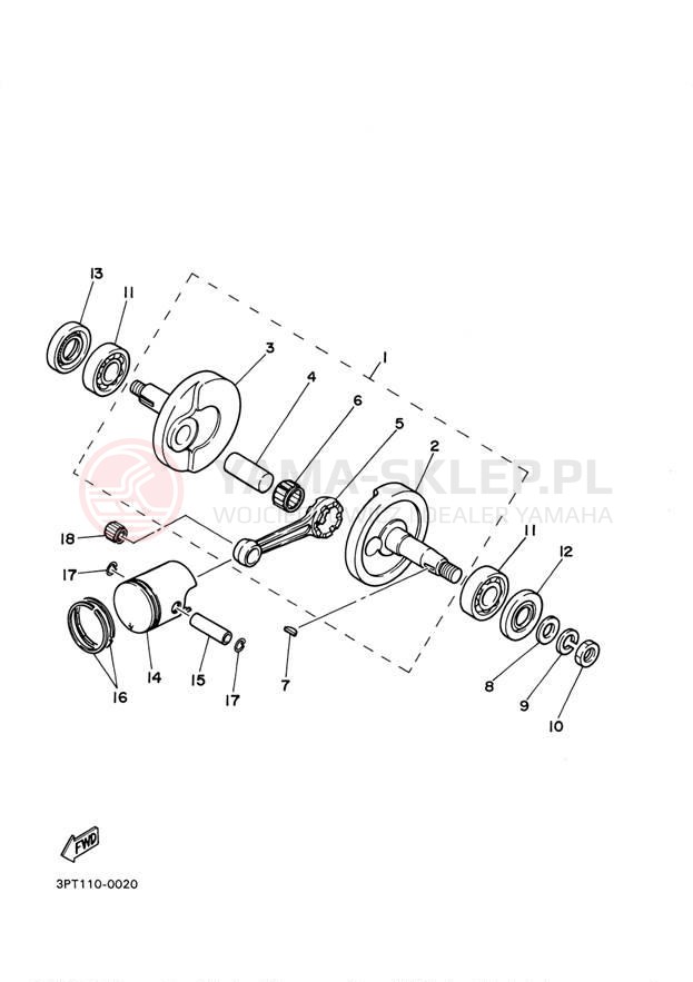 Schemat "Wał korbowy, tłok" do Yamaha PW50 PW50X