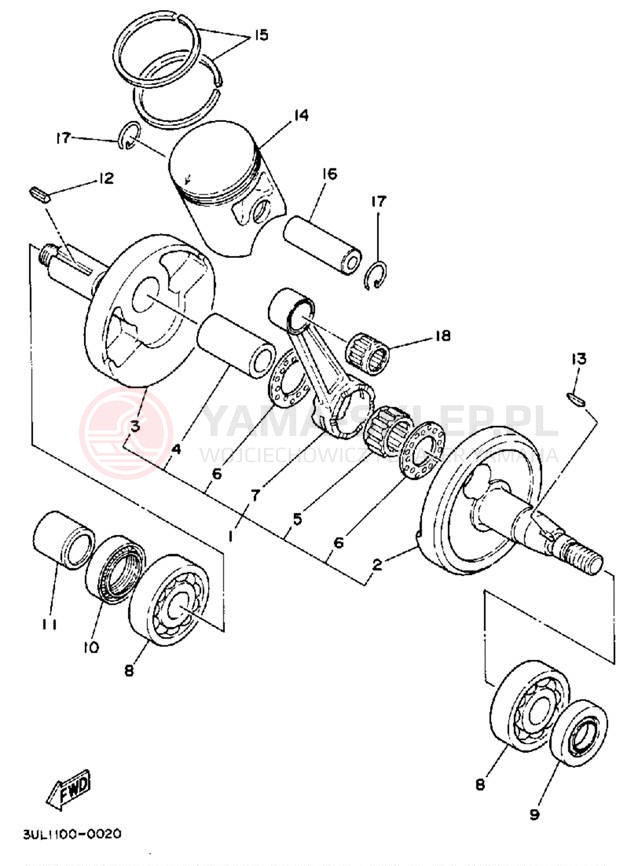 Schemat "Wał korbowy, tłok" do Yamaha RT100A