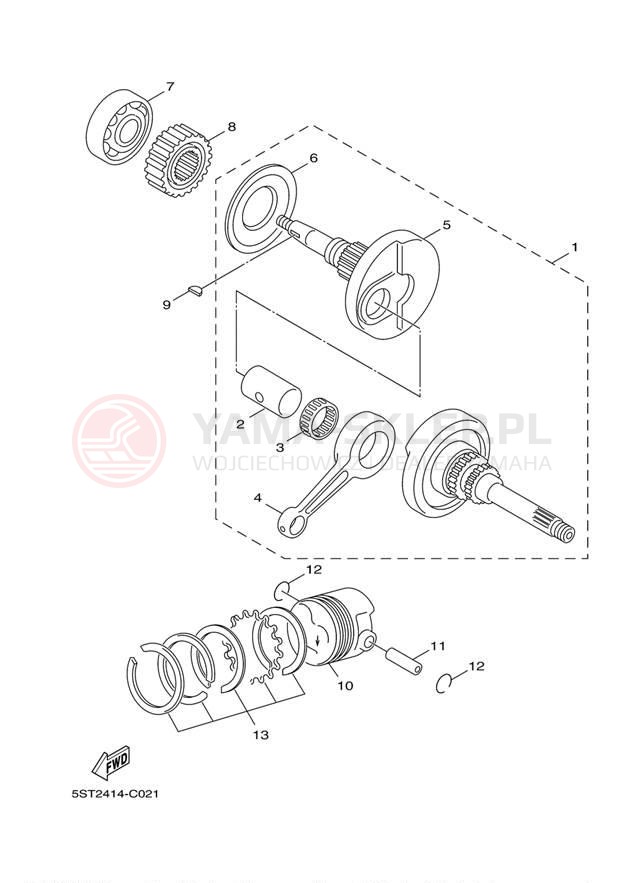 Schemat "Wał korbowy, tłok" do Yamaha ZUMA 50 YW50FDR/YW50FDB
