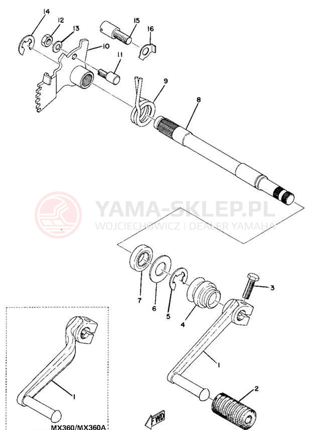 Schemat "Dźwignia zmiany biegów, wałek" do Yamaha MX250/MX360