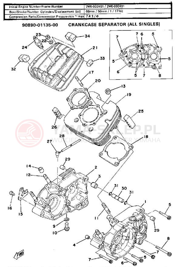 Schemat "Obudowa silnika - cylinder" do Yamaha IT175F