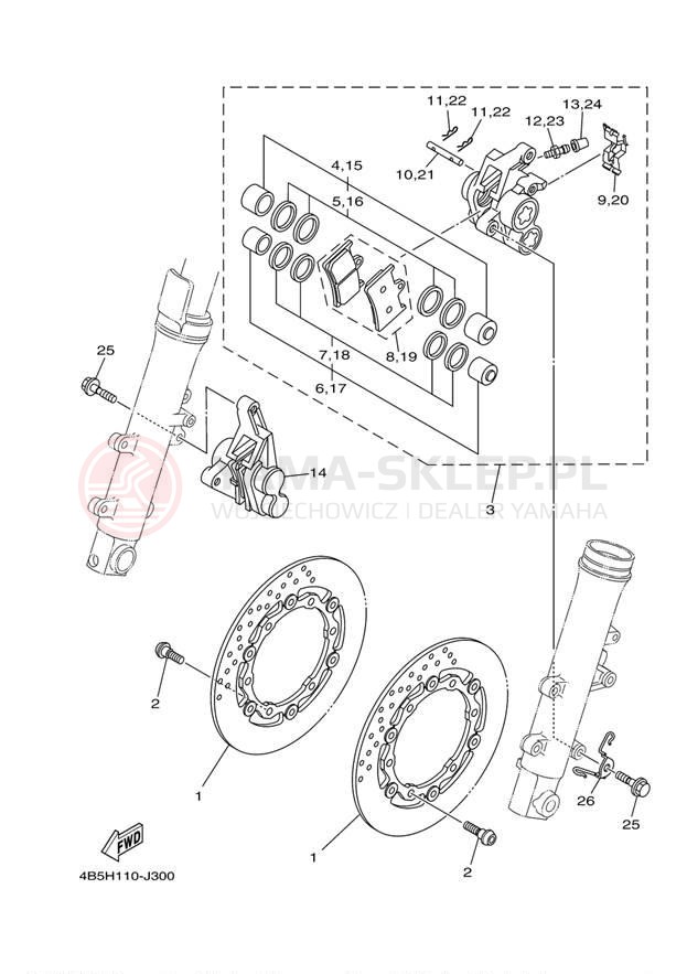 Schemat "Zacisk hamulcowy + tarcza przód" do Yamaha TMAX XP500ZS