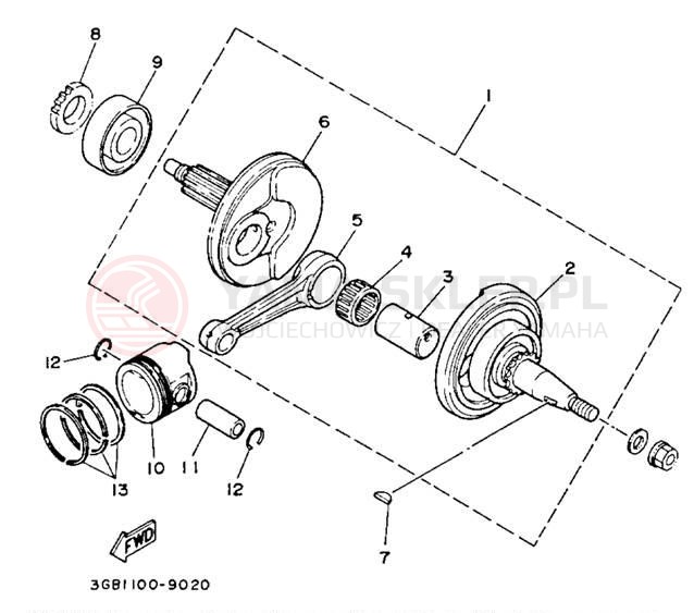 Schemat "Wał korbowy, tłok" do Yamaha CHAMP YFM100B