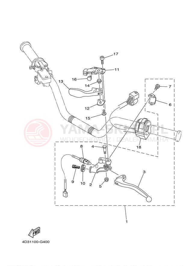 Schemat "Kierownica i osprzęt" do Yamaha RAPTOR 250 YFM25RZW