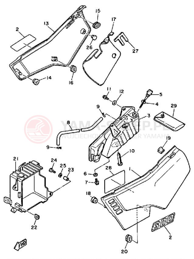 Schemat "Owiewki, pola numer., zb. oleju" do Yamaha XT600NC/XT600N