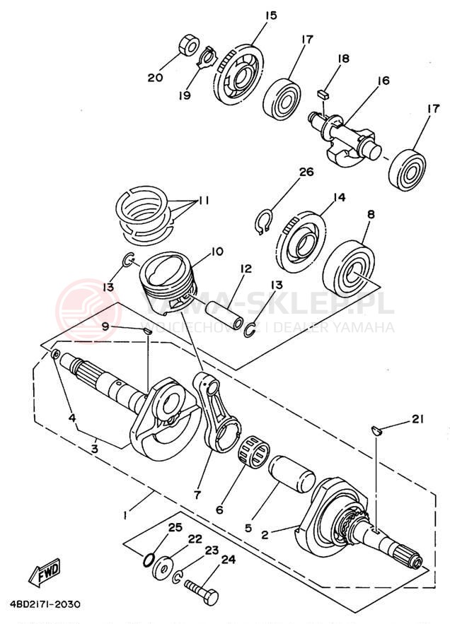 Schemat "Wał korbowy, tłok" do Yamaha YFB250G_MNH