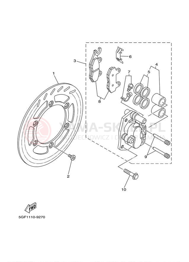 Schemat "Zacisk hamulcowy + tarcza przód" do Yamaha TTR250 TTR250M/TTR250MC