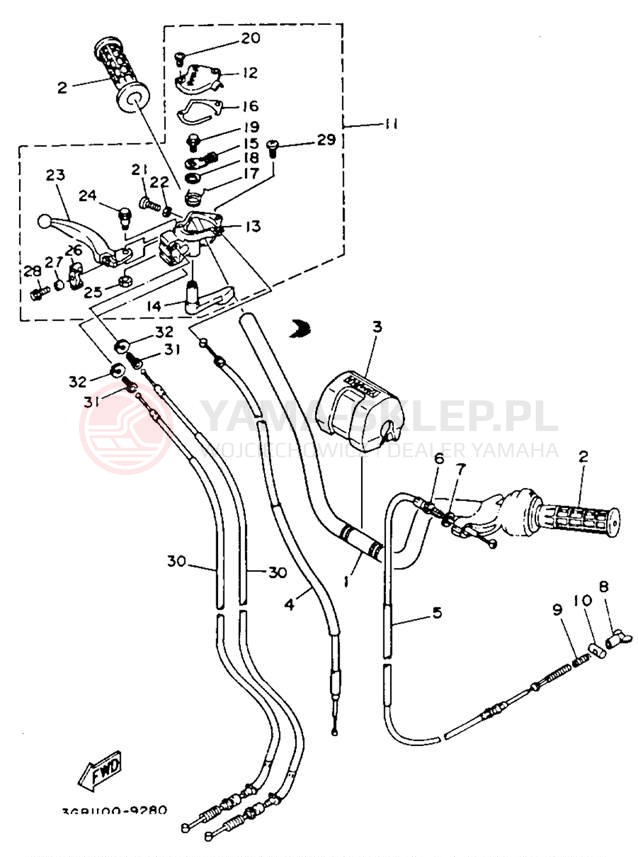 Schemat "Kierownica i osprzęt" do Yamaha CHAMP YFM100A