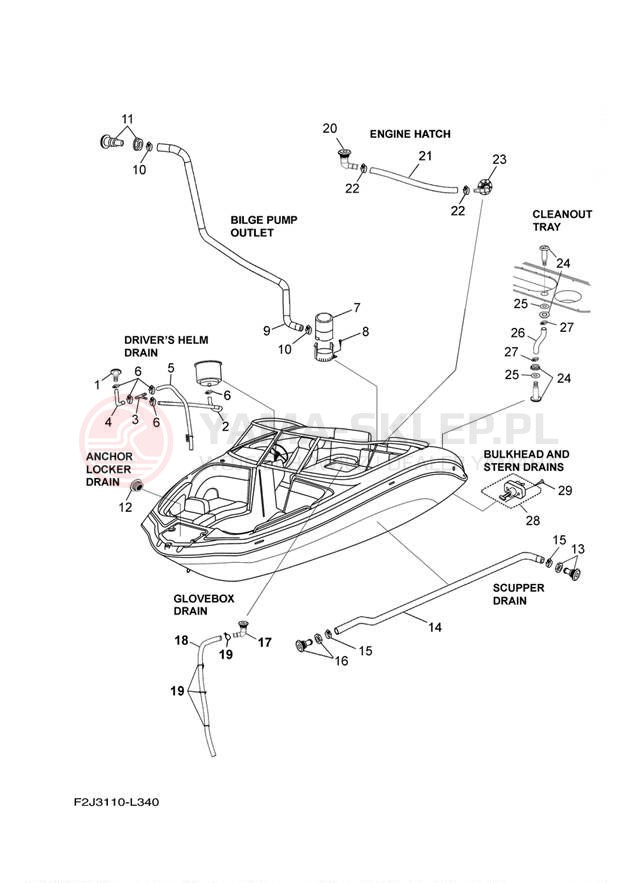 Schemat "DECK DRAIN FITTINGS" do Yamaha 212SS CALIFORNIA XAT1800CLN