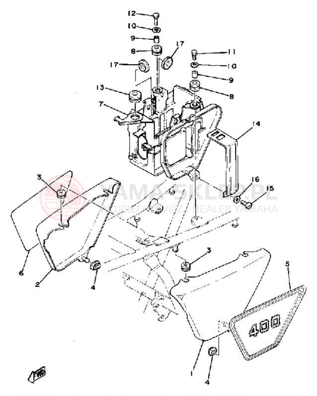 Schemat "pokrywa boczna - skrzynka akumulatora" do Yamaha XS400-2E