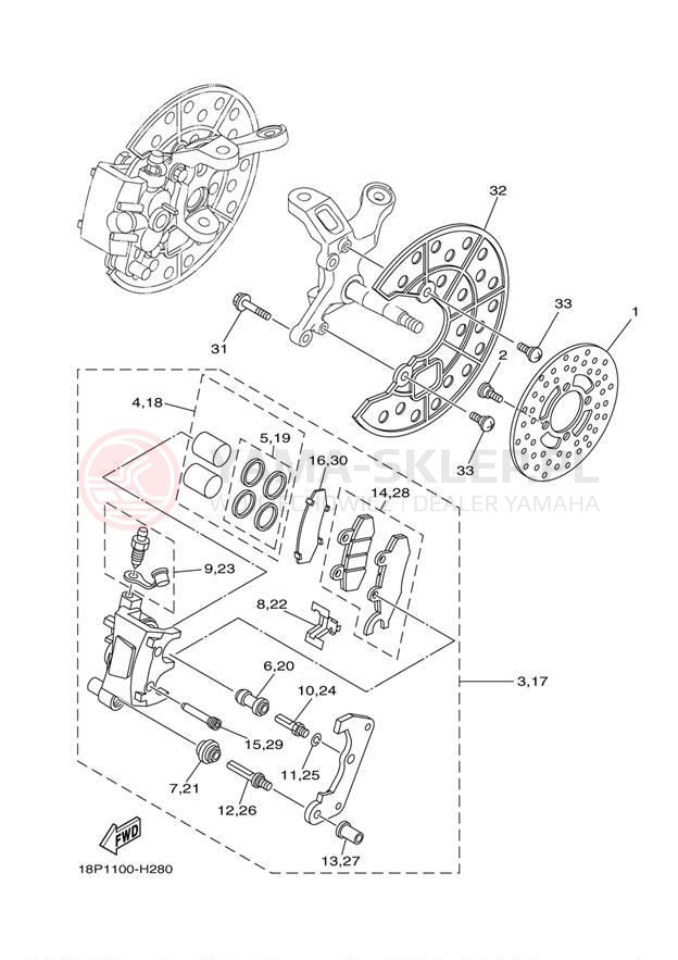 Schemat "Zacisk hamulcowy + tarcza przód" do Yamaha YFZ450R YFZ450RYL/YFZ450RYW