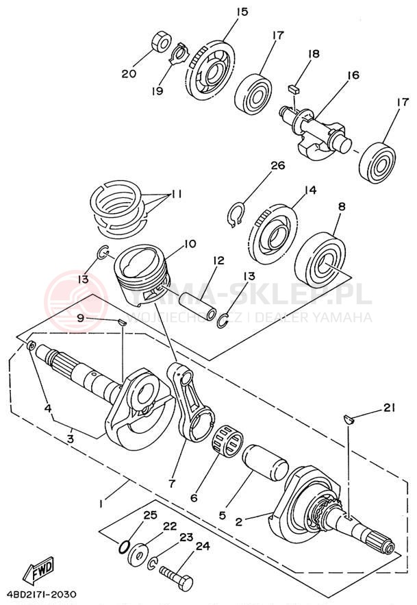 Schemat "Wał korbowy, tłok" do Yamaha TIMBERWOLF 4WD YFB250FWK