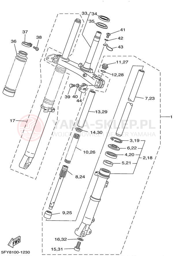 Schemat "Amortyzatory przód" do Yamaha TW200 TW200PC/TW200P
