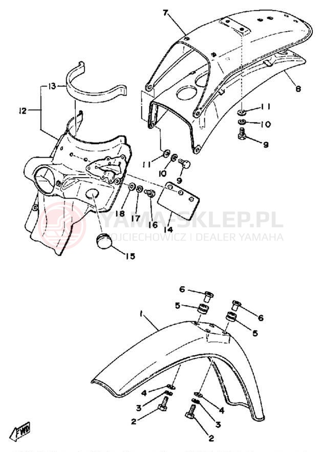 Schemat "Błotniki przód i tył" do Yamaha DT125E