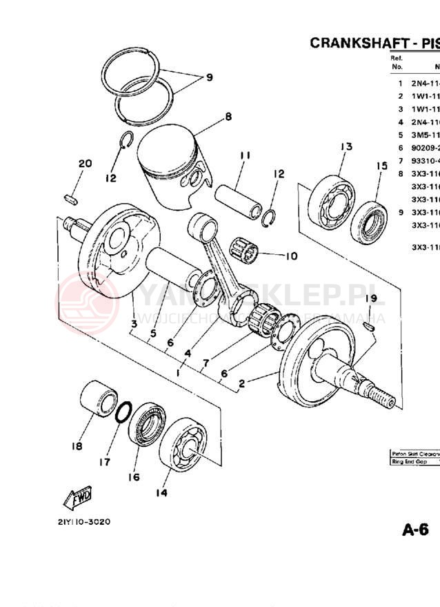 Schemat "Wał korbowy, tłok" do Yamaha YT125N