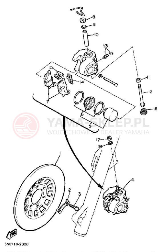 Schemat "Zacisk hamulcowy + tarcza przód" do Yamaha XJ650K