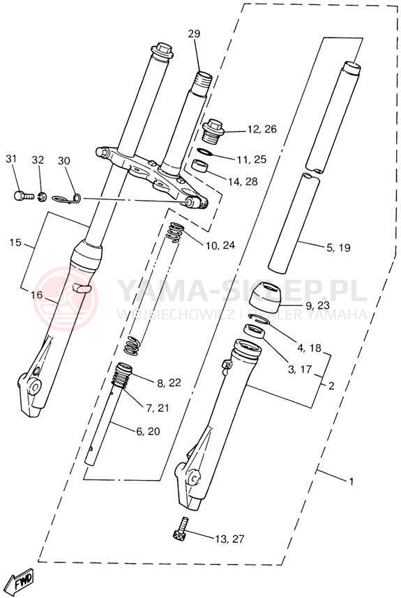 Schemat "Amortyzatory przód" do Yamaha PW80 PW80P