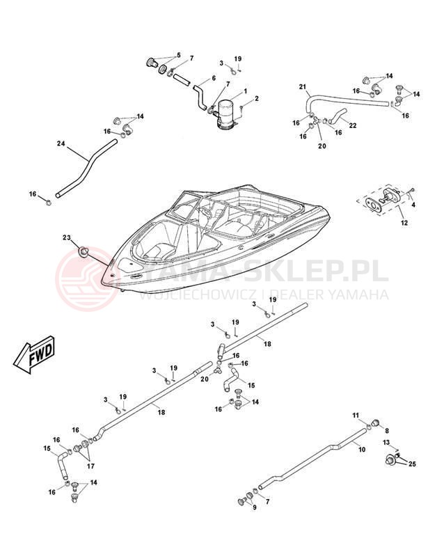Schemat "DECK DRAIN FITTINGS" do Yamaha SX230High Output SRT1100D
