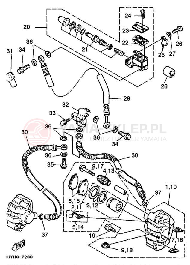 Schemat "Zacisk hamulcowy + tarcza przód" do Yamaha WARRIOR YFM350XT