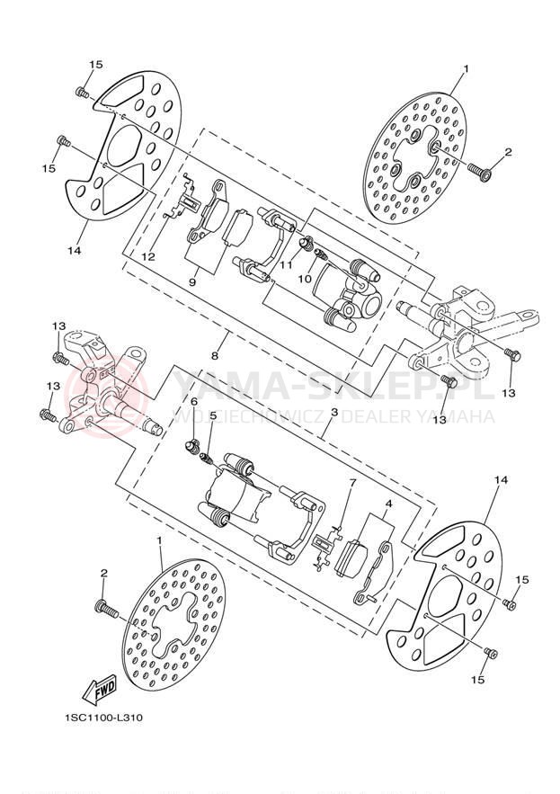Schemat "Zacisk hamulcowy + tarcza przód" do Yamaha GRIZZLY 300 YFM30GBL/YFM30GBGR