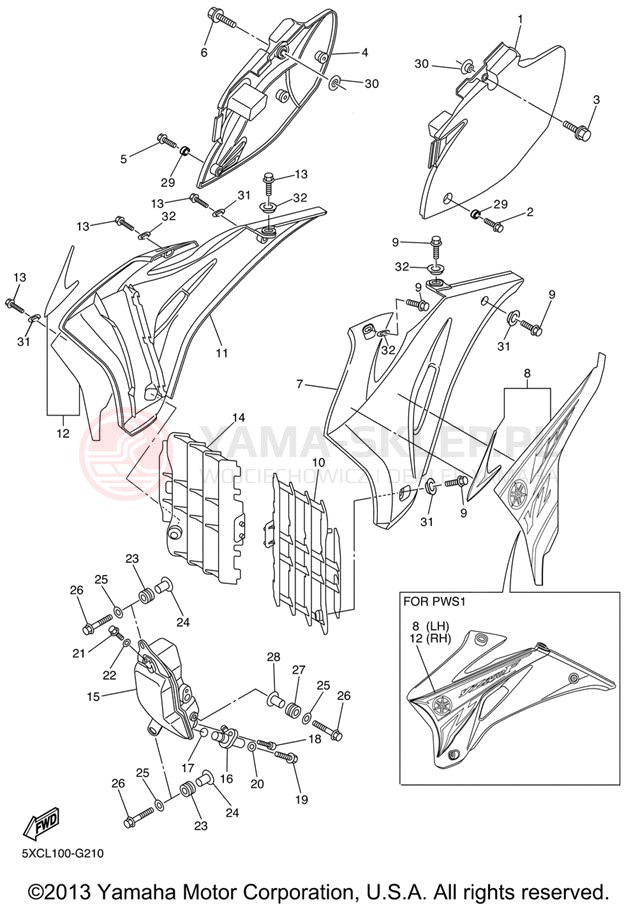 Schemat "Owiewki, pola numer., zb. oleju" do Yamaha YZ250F YZ250FXL/YZ250FXW