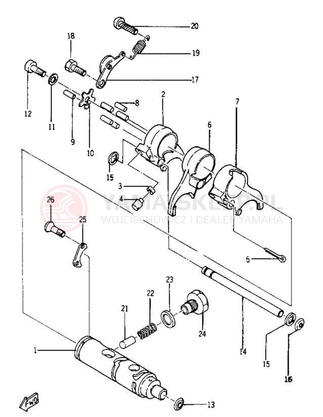Schemat "Dźwignia zmiany biegów, wałek" do Yamaha YR1