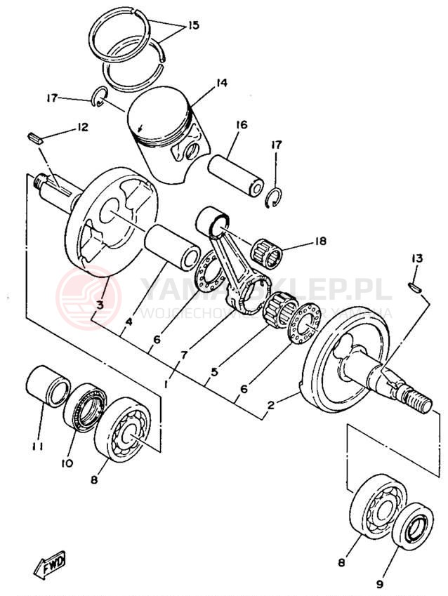 Schemat "Wał korbowy, tłok" do Yamaha RT100F