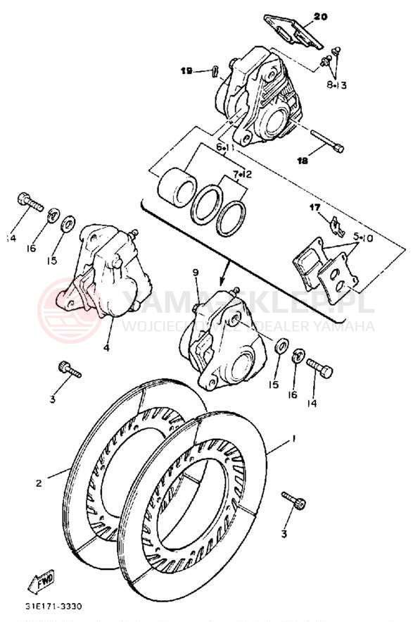 Schemat "Zacisk hamulcowy + tarcza przód" do Yamaha SECA XJ900RK