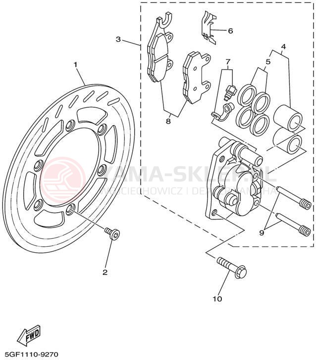 Schemat "Zacisk hamulcowy + tarcza przód" do Yamaha TTR250 TTR250N/TTR250NC
