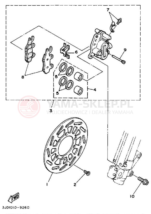Schemat "Zacisk hamulcowy + tarcza przód" do Yamaha YZ250W