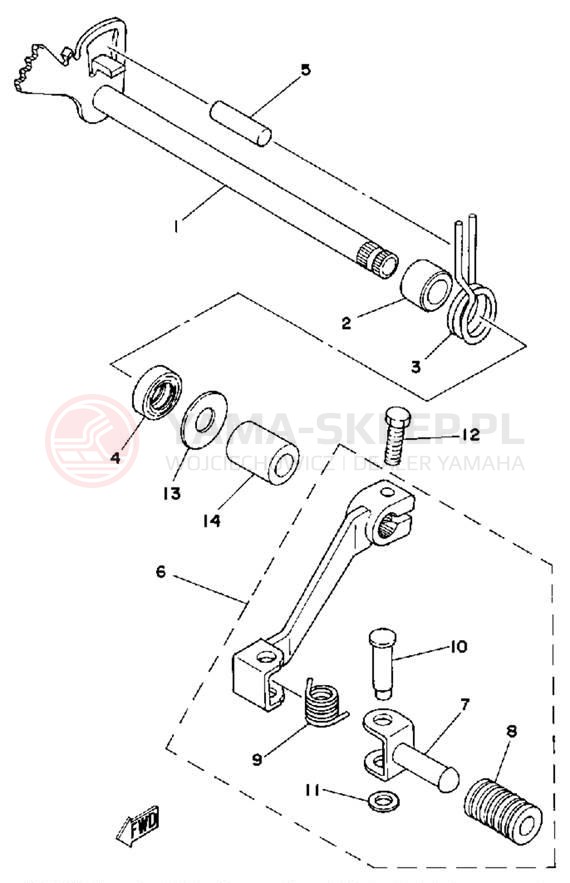 Schemat "Dźwignia zmiany biegów, wałek" do Yamaha IT425G