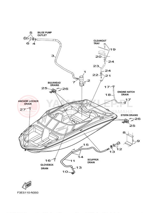 Schemat "DECK DRAIN FITTINGS" do Yamaha SX192 RM1800DN/RM1800CN