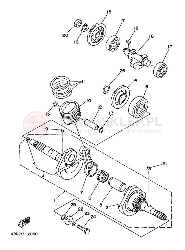 Schemat "Wał korbowy, tłok" do Yamaha TIMBERWOLF 2WD YFB250UJ