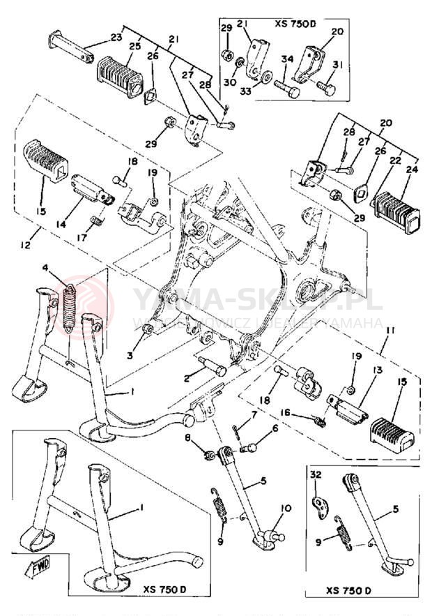 Schemat "Stopka postojowa i podnóżki" do Yamaha XS750-2D/XS750D