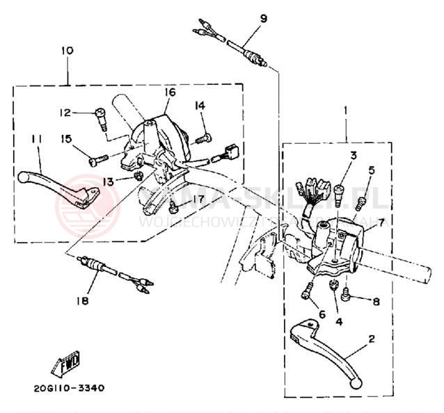 Schemat "Kierownica i osprzęt" do Yamaha RIVA 50 CA50L