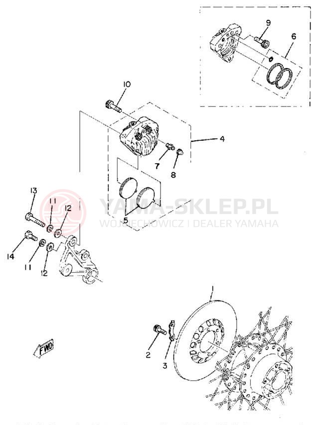 Schemat "Tarcza hamulcowa tył - zacisk hamulc." do Yamaha TZ250F