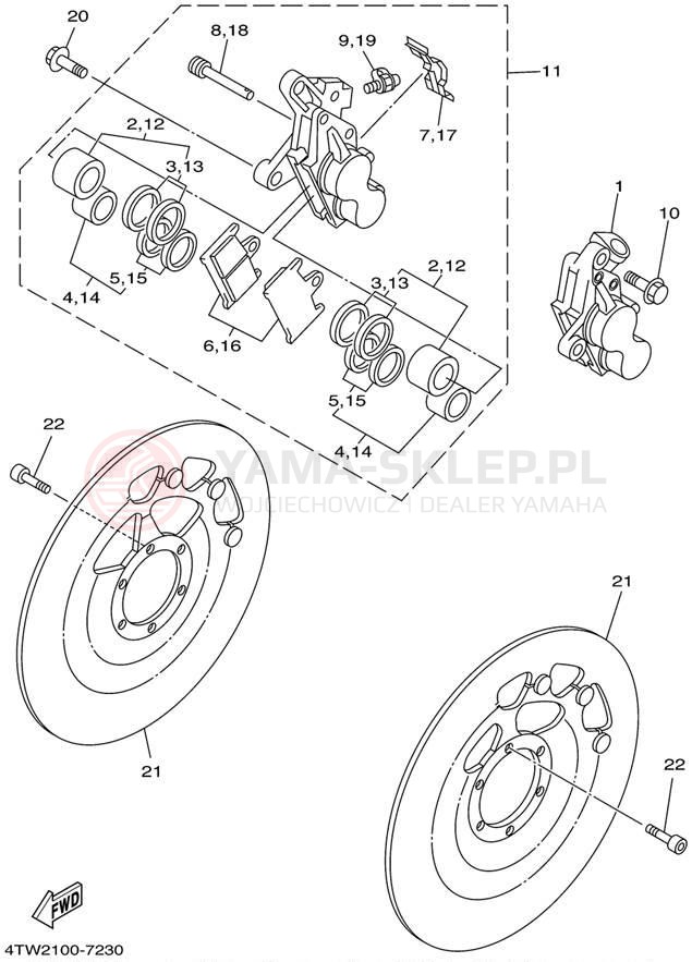 Schemat "Zacisk hamulcowy + tarcza przód" do Yamaha TZ250 TZ250N