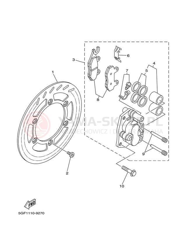 Schemat "Zacisk hamulcowy + tarcza przód" do Yamaha TT-R250 TTR250SC/TTR250S