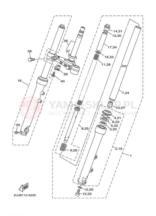 Schemat "Amortyzatory przód" do Yamaha VIRAGO 250 XV250SC/XV250S