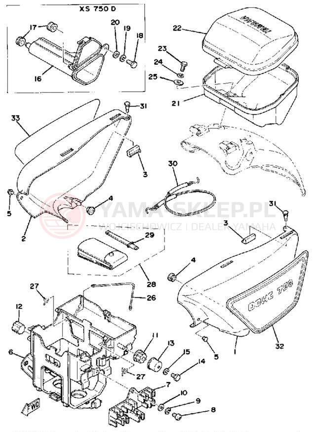 Schemat "pokrywa boczna - skrzynka akumulatora" do Yamaha XS750-2D/XS750D