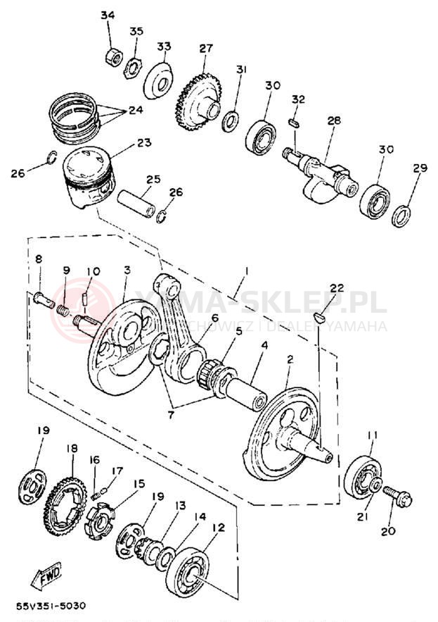 Schemat "Wał korbowy, tłok" do Yamaha XT350UC/XT350U