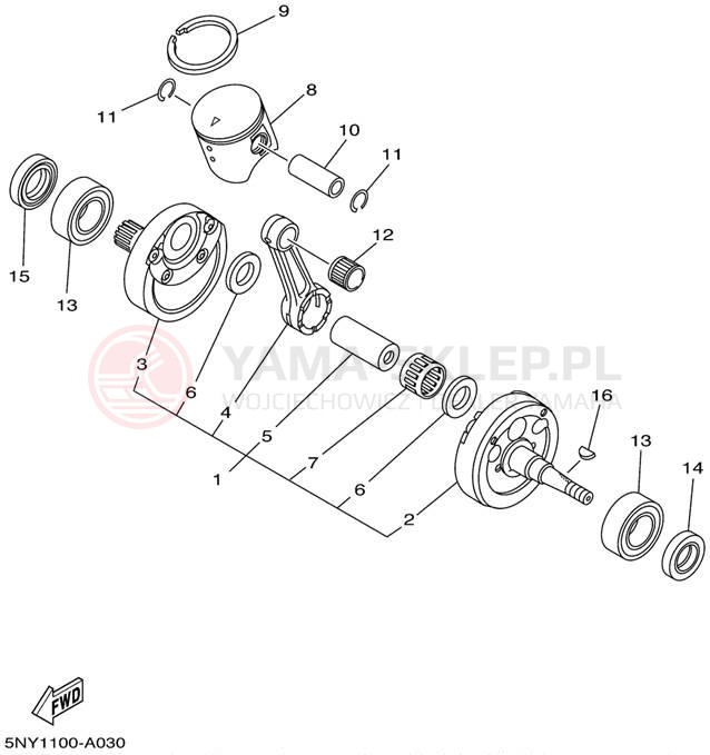 Schemat "Wał korbowy, tłok" do Yamaha YZ125 YZ125P