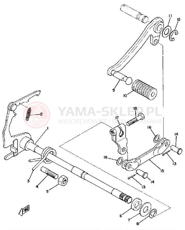 Schemat "Dźwignia zmiany biegów, wałek" do Yamaha RD125B