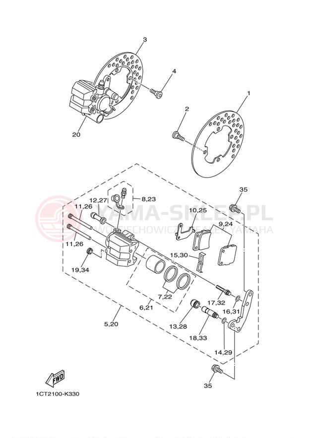 Schemat "Zacisk hamulcowy + tarcza przód" do Yamaha GRIZZLY 450 EPS 4WD YFM45FGPDL